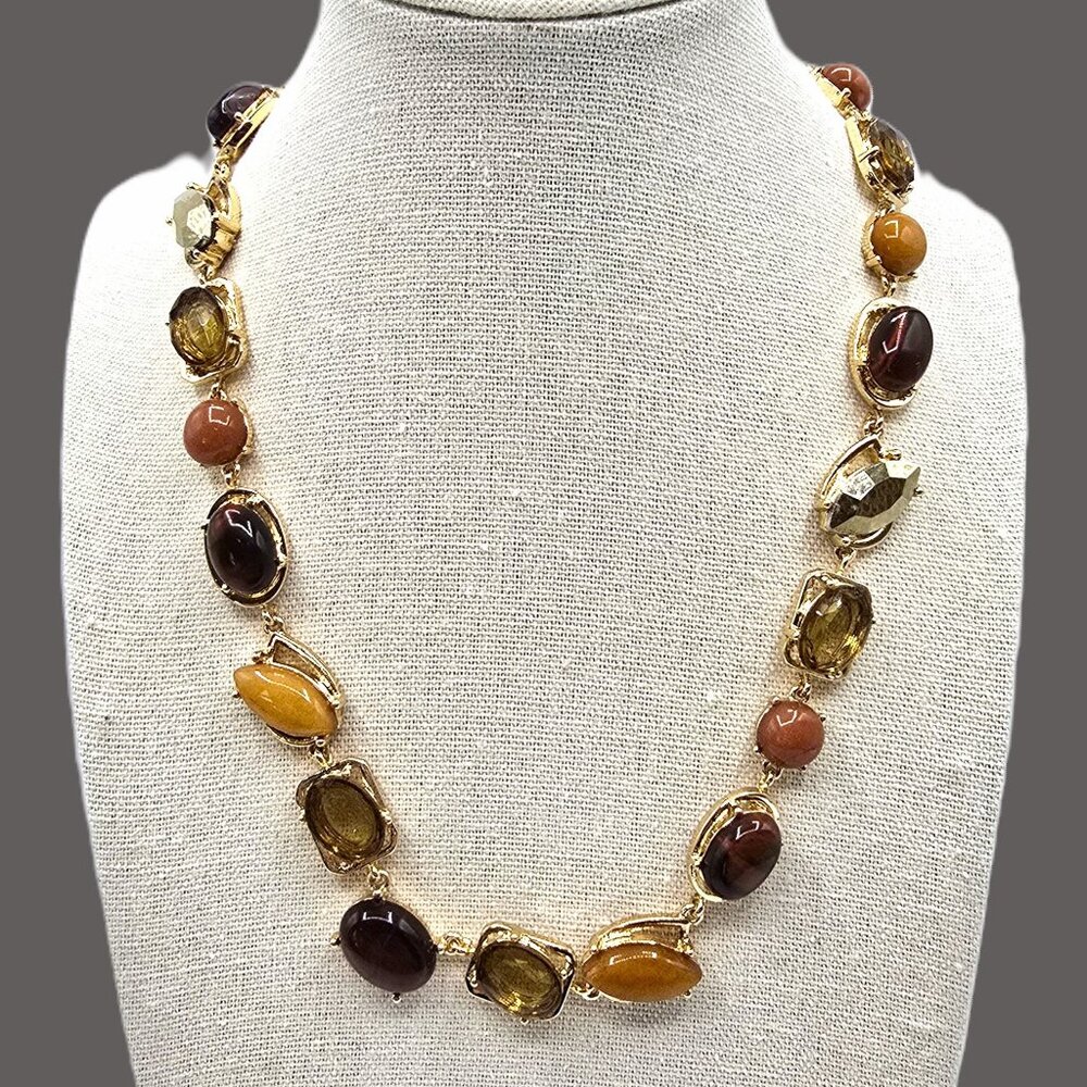 White House Black Market Gold Tone Necklace w Faux Tigers Eye Carnelian Peridot